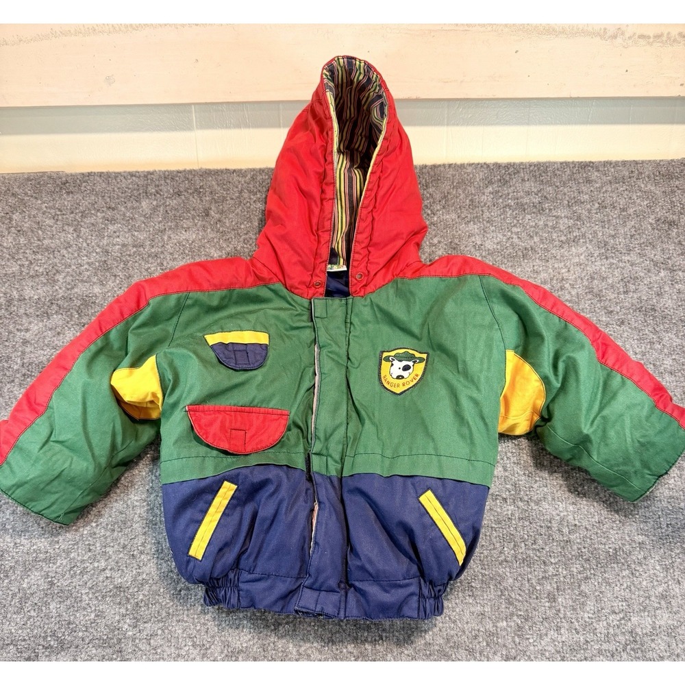 Vintage 90s Alpine Colorblock Puffer Jacket 18M Red Green Retro Kids Coat